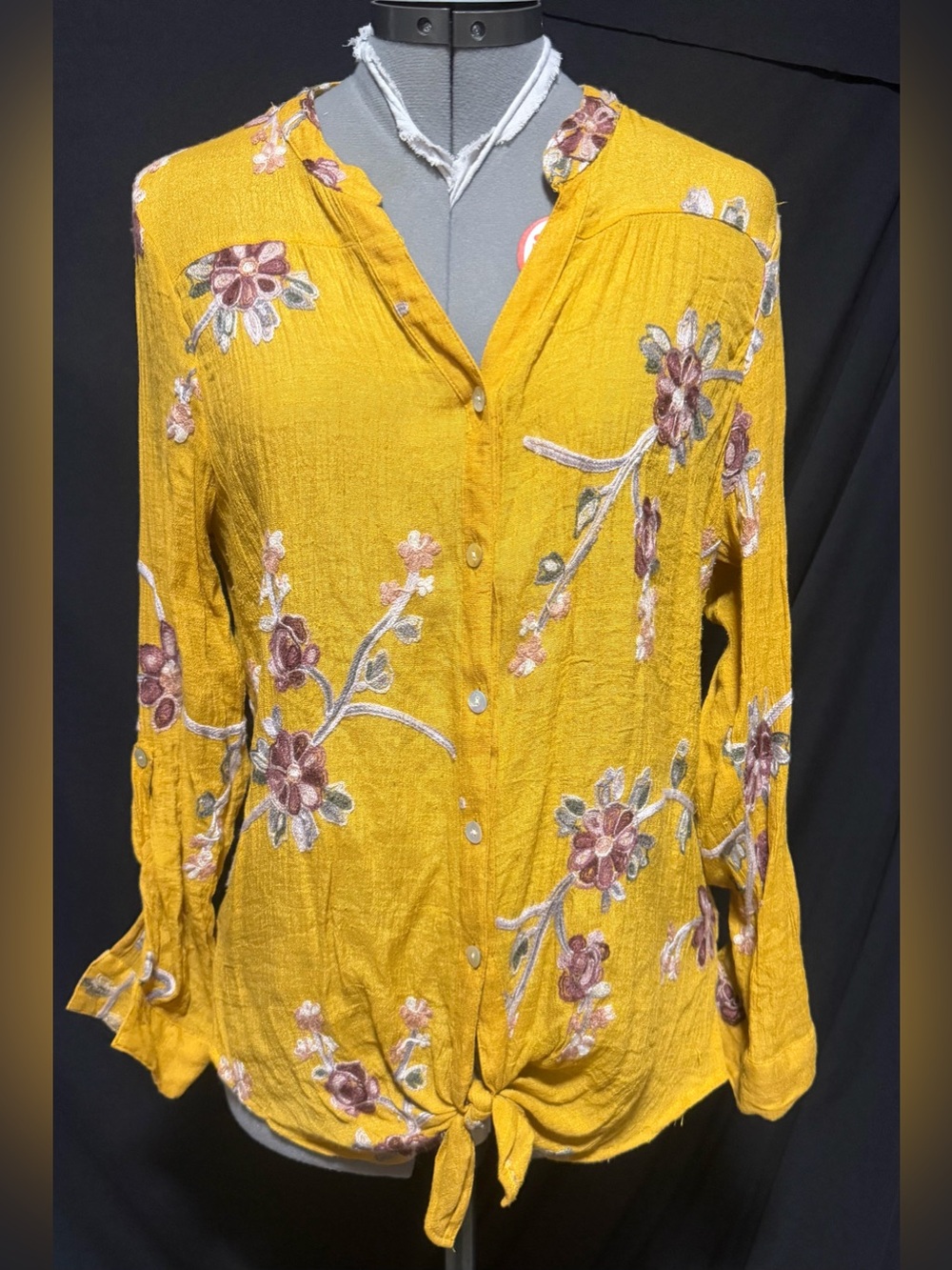 Fig and Flower Mustard Embroidered Tie-Front Women’s Button-Up Top